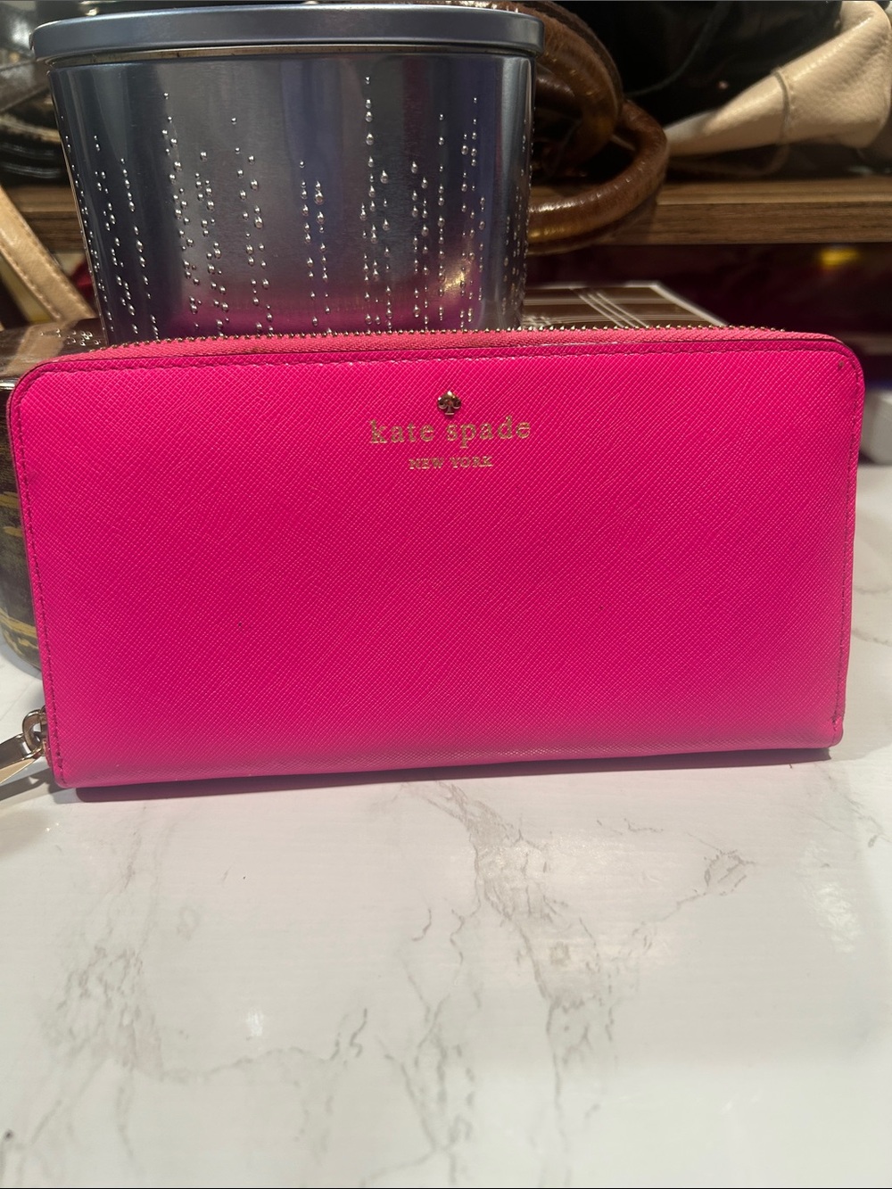 kate spade bright fuchsia zip-around wallet with gold logo